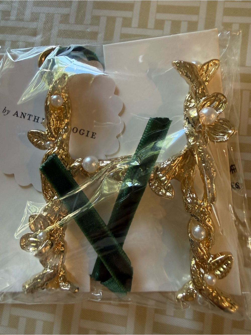 Anthropologie Gold Floral Pearl letter “H” ORNAMENT with Dark Green Ribbon